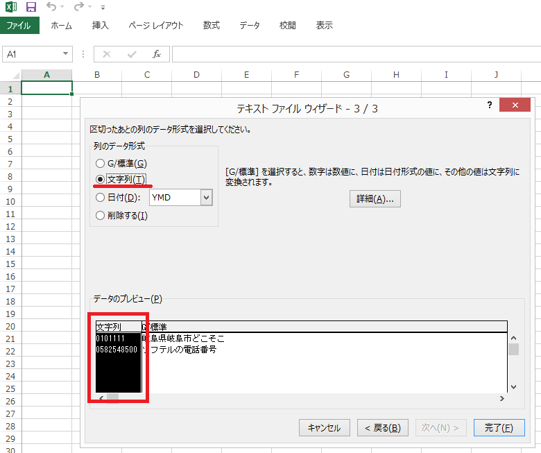 Excel テキスト ファイル ウィザード 3/3