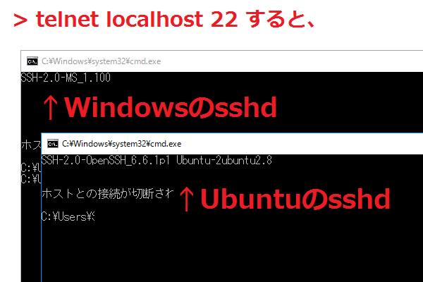 telnet localhost 22 の図