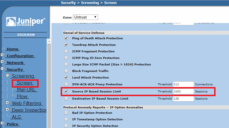 Juniper 管理画面 Source IP Based Session Limit